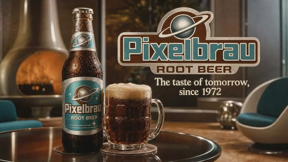Example billboard for Pixelbrau Root Beer, a fictional GBC house brand: a bottle and a frosted mug beside the slogan “The taste of tomorrow, since 1972”