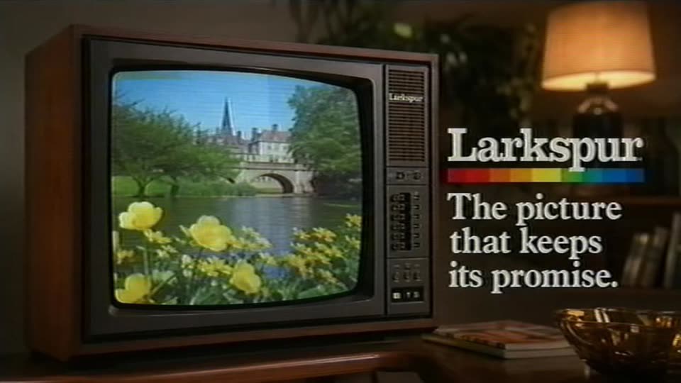 Example video spot frame for Larkspur Colour Television, a fictional GBC house brand: a wood-cased television set beside the line “The picture that keeps its promise”
