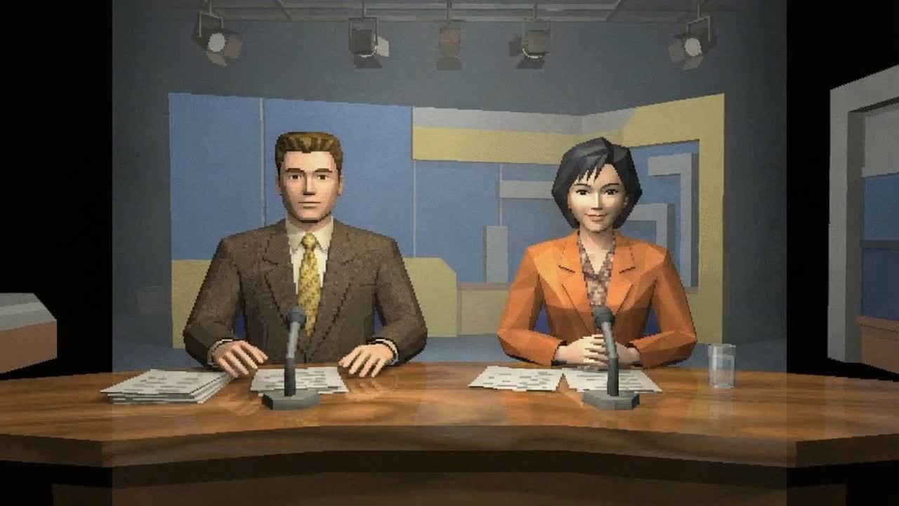 Illustration of a sponsor live-read: two anchors at the news desk, with a Greenfield Coffee Roasters logo, a fictional GBC house brand, in the Sponsored slot at the top right
